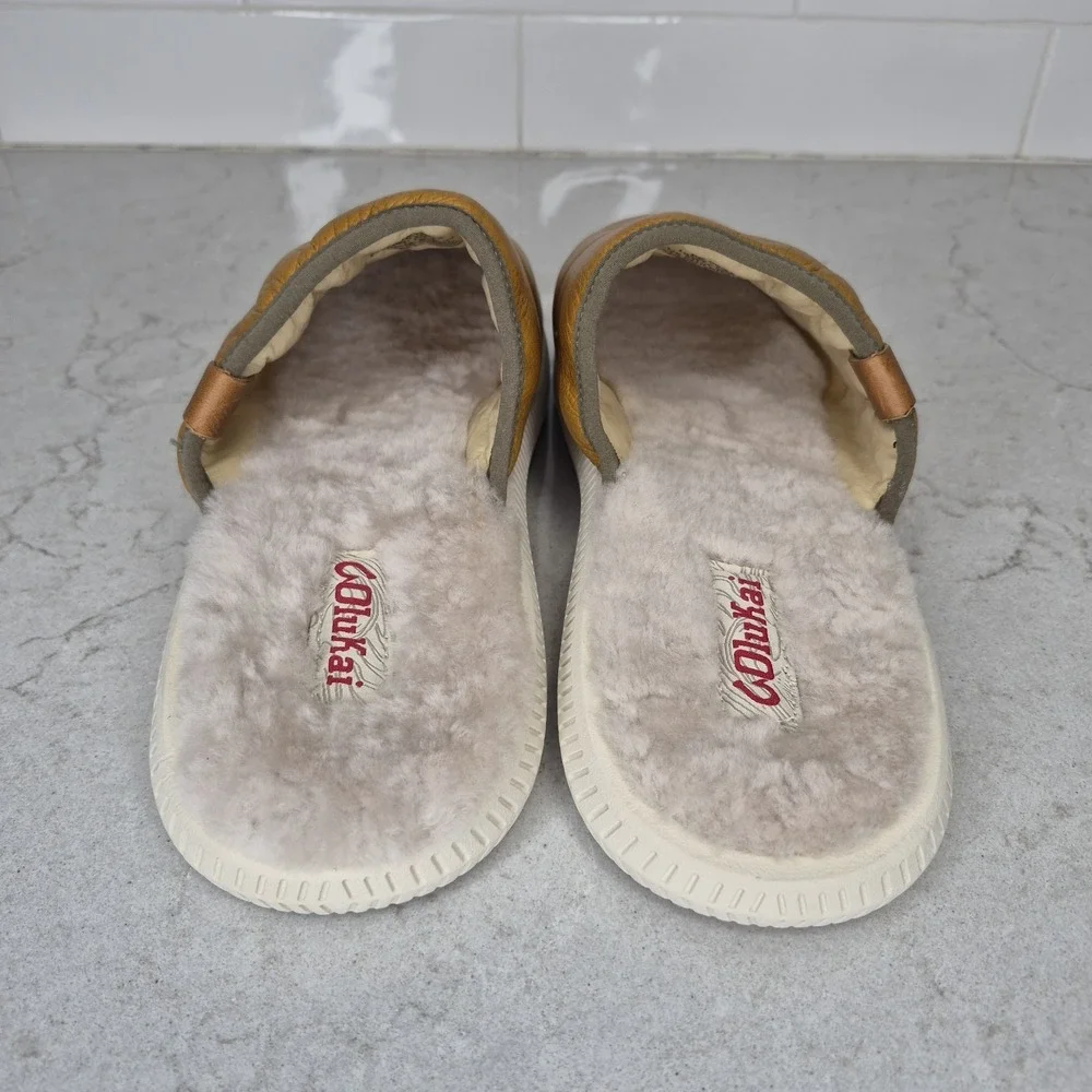 OluKai Mua 'Ili Slippers Men's 10 Leather Shearling Lined Mule Slip On Shoes‎